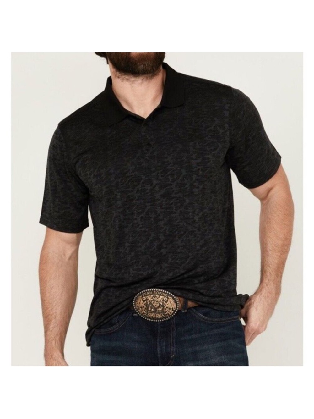 RANK 45 Men's Rowel Camo Print Performance Western Polo Shirt Black Size XL Snap
